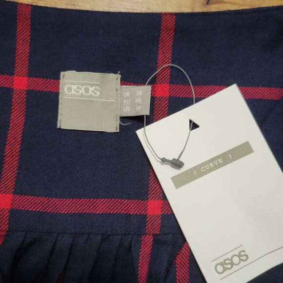 ASOS Curve Plaid Blouse Womens 14 Blue Red Faux Wrap Bell Sleeve Academia - Picture 7 of 9